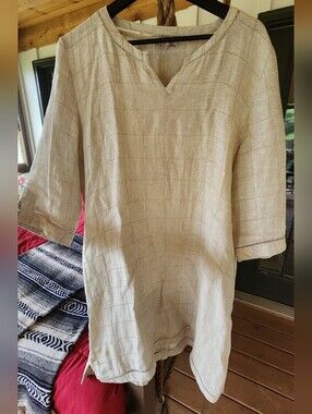 Masai Copenhagen Beige Linen Tunic Top Plaid Lagenlook Size L